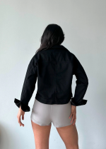 Çift Cepli Kol Katlamalı Süper Taş Enzim Yıkamalı Crop Kot Ceket Siyah D2000 (Beden: L) - Görsel 6