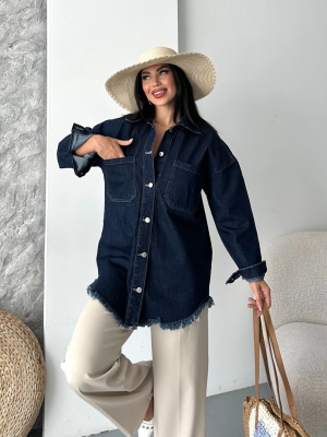 Cepli Püsküllü Kar Yıkama Kot Ceket Koyu Mavi D2515 (Beden: S)