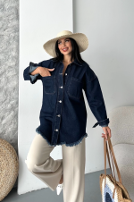 Cepli Püsküllü Kar Yıkama Kot Ceket Koyu Mavi D2515 (Beden: M)