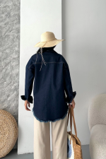 Cepli Püsküllü Kar Yıkama Kot Ceket Koyu Mavi D2515 (Beden: M) - Görsel 3