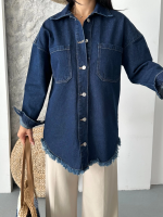 Cepli Püsküllü Kar Yıkama Kot Ceket Koyu Mavi D2515 (Beden: L) - Görsel 4