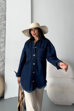 Cepli Püsküllü Kar Yıkama Kot Ceket Koyu Mavi D2515 (Beden: L) - Görsel 2