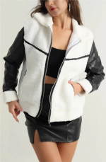 Deri Garnili Kuzu Peluş Mont Beyaz T1220 (Beden: Xl)