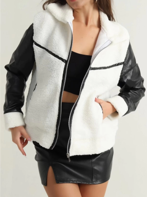 Deri Garnili Kuzu Peluş Mont Beyaz T1220 (Beden: Xl)