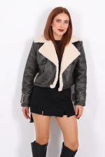 Kürklü Suni Deri Kemerli Haki Kadın Kısa Mont T1256 (Beden: L) - Görsel 5