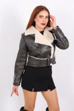 Kürklü Suni Deri Kemerli Haki Kadın Kısa Mont T1256 (Beden: Xl) - Görsel 4