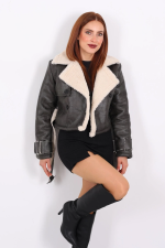 Kürklü Suni Deri Kemerli Haki Kadın Kısa Mont T1256 (Beden: Xl)