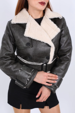 Kürklü Suni Deri Kemerli Haki Kadın Kısa Mont T1256 (Beden: Xl) - Görsel 6
