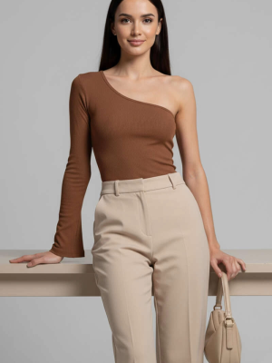 Tek Omuzlu Basic Bluz Kahve T4275 (Beden: L)