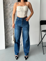 Baggy Süper Taş Bıyık Yıkama Koyu Mavi Jeans Pantolon D2007 (Beden: 34) - Görsel 5