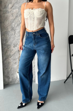Baggy Süper Taş Bıyık Yıkama Koyu Mavi Jeans Pantolon D2007 (Beden: 42)