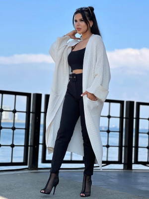 Yarasa Kol Uzun Triko Hırka Beyaz (Beden: Standart)