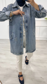 Taşlı Tunik Ceket Kar Yıkama Orta Mavi D2516 (Beden: S/M) - Görsel 5