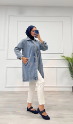 Taşlı Tunik Ceket Kar Yıkama Orta Mavi D2516 (Beden: L/Xl) - Görsel 4