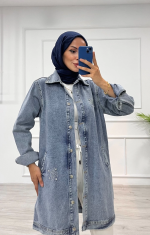 Taşlı Tunik Ceket Kar Yıkama Orta Mavi D2516 (Beden: L/Xl)