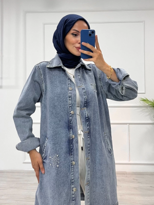 Taşlı Tunik Ceket Kar Yıkama Orta Mavi D2516 (Beden: L/Xl)