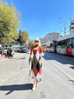 Uzun Hırka İçi Elbise İkili Triko Takım Ekose Baklava Desen Haki Kırmızı (Beden: Standart) - Görsel 4