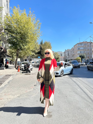 Uzun Hırka İçi Elbise İkili Triko Takım Ekose Baklava Desen Haki Kırmızı (Beden: Standart)