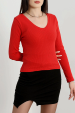 V Yaka Kaşkorse Bluz Kırmızı A3699 (Beden: S) - Görsel 5