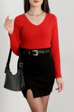 V Yaka Kaşkorse Bluz Kırmızı A3699 (Beden: M) - Görsel 3