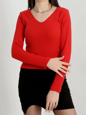 V Yaka Kaşkorse Bluz Kırmızı A3699 (Beden: M)