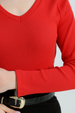 V Yaka Kaşkorse Bluz Kırmızı A3699 (Beden: L) - Görsel 7
