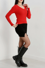 V Yaka Kaşkorse Bluz Kırmızı A3699 (Beden: L) - Görsel 2