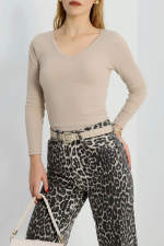 V Yaka Kaşkorse Bluz Bej A3699 (Beden: S)