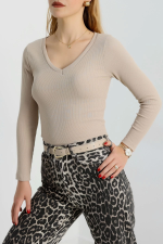 V Yaka Kaşkorse Bluz Bej A3699 (Beden: S) - Görsel 3