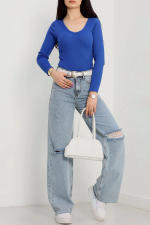 V Yaka Kaşkorse Bluz Saks Mavisi A3699 (Beden: S) - Görsel 4