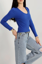 V Yaka Kaşkorse Bluz Saks Mavisi A3699 (Beden: M) - Görsel 5