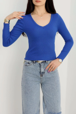 V Yaka Kaşkorse Bluz Saks Mavisi A3699 (Beden: M)