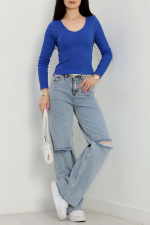 V Yaka Kaşkorse Bluz Saks Mavisi A3699 (Beden: M) - Görsel 2