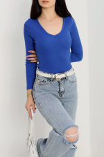 V Yaka Kaşkorse Bluz Saks Mavisi A3699 (Beden: M) - Görsel 3