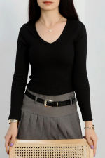 V Yaka Kaşkorse Bluz Siyah A3699 (Beden: S)