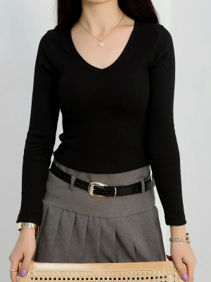 V Yaka Kaşkorse Bluz Siyah A3699 (Beden: S)