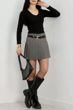 V Yaka Kaşkorse Bluz Siyah A3699 (Beden: S) - Görsel 2