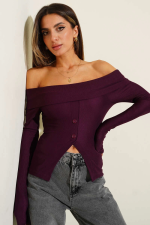 Madonna Yaka Düğmeli Bluz Mürdüm T4329 (Beden: L)