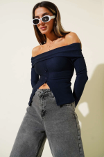 Madonna Yaka Düğmeli Bluz Lacivert T4329 (Beden: Xl)