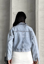 Çift Cepli Kol Katlamalı Kar Yıkama Crop Kot Ceket Buz Mavi D2000 (Beden: S) - Görsel 4