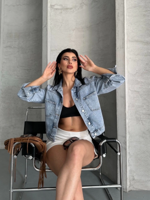 Çift Cepli Kol Katlamalı Kar Yıkama Crop Kot Ceket Buz Mavi D2000 (Beden: S)