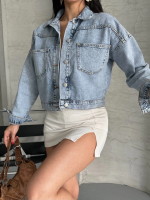 Çift Cepli Kol Katlamalı Kar Yıkama Crop Kot Ceket Buz Mavi D2000 (Beden: S) - Görsel 5