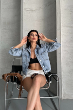 Çift Cepli Kol Katlamalı Kar Yıkama Crop Kot Ceket Buz Mavi D2000 (Beden: M)