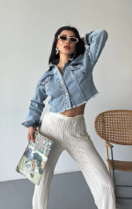 Çift Kapaklı Püsküllü Crop Buz Mavi D2002 (Beden: S)