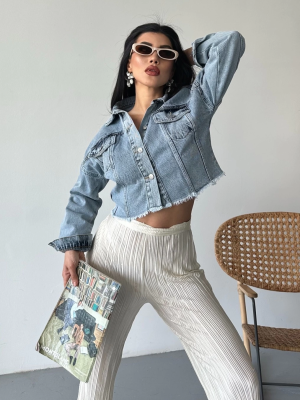 Çift Kapaklı Püsküllü Crop Buz Mavi D2002 (Beden: L)