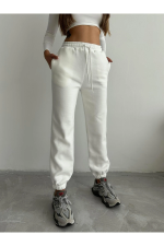 3 İplik Şardonlu Paça Lastikli Eşofman Beyaz İs001 (Beden: M)