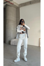 3 İplik Şardonlu Paça Lastikli Eşofman Beyaz İs001 (Beden: Xl) - Görsel 2