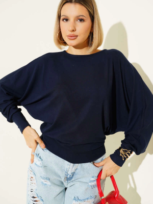 Yarasa Kol Salaş Bluz Lacivert T4273 (Beden: Xl)