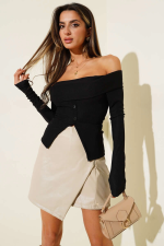 Madonna Yaka Düğmeli Bluz Siyah T4329 (Beden: L)