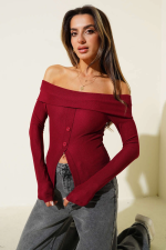 Madonna Yaka Düğmeli Bluz Bordo T4329 (Beden: L)
